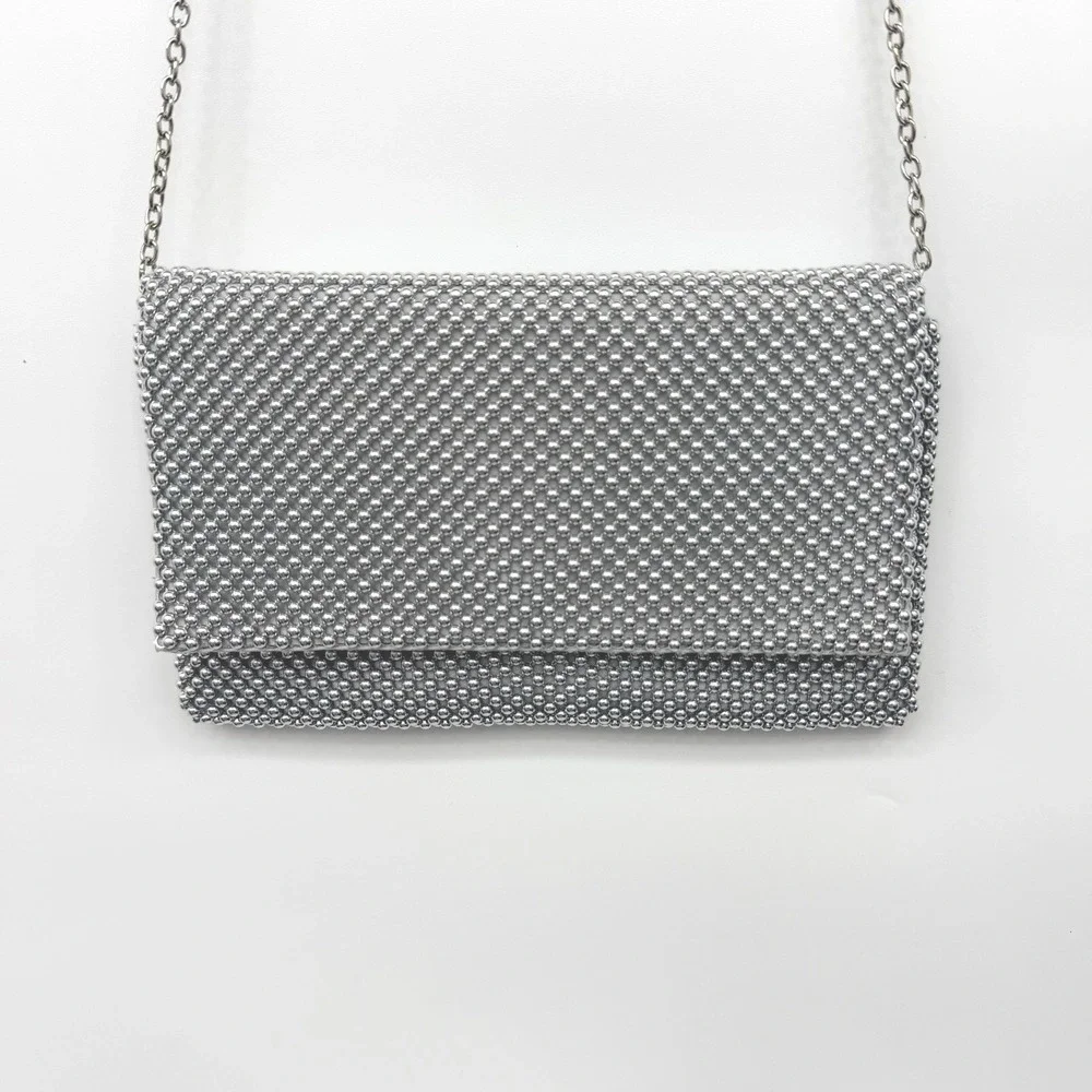 INC International Concepts Silver Beaded Metal Mesh Clutch Crossbody Bag Evening